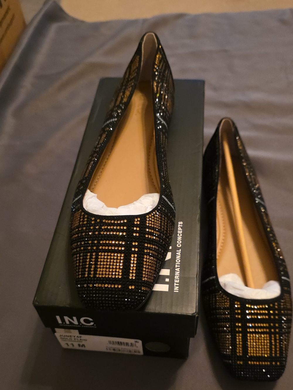 INC International Concepts Black Flats with Gold Studded Plaid